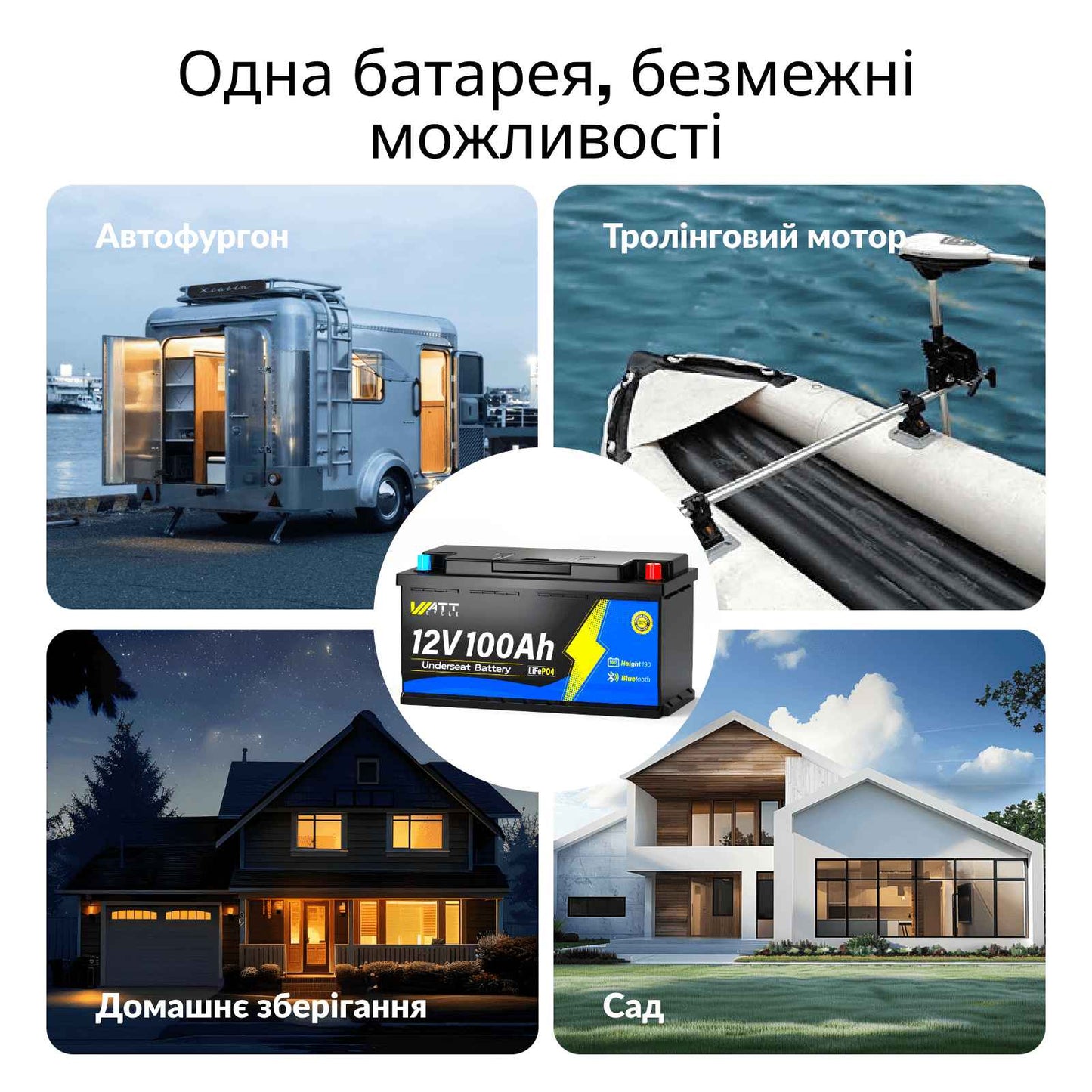 WattCycle 12V 100Ah LiFePO4 акумулятор з DIN H8 L5