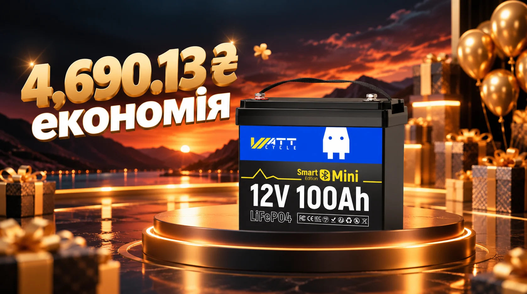 WattCycle 12V 100Ah Mini Bluetooth LiFePO4 акумулятор