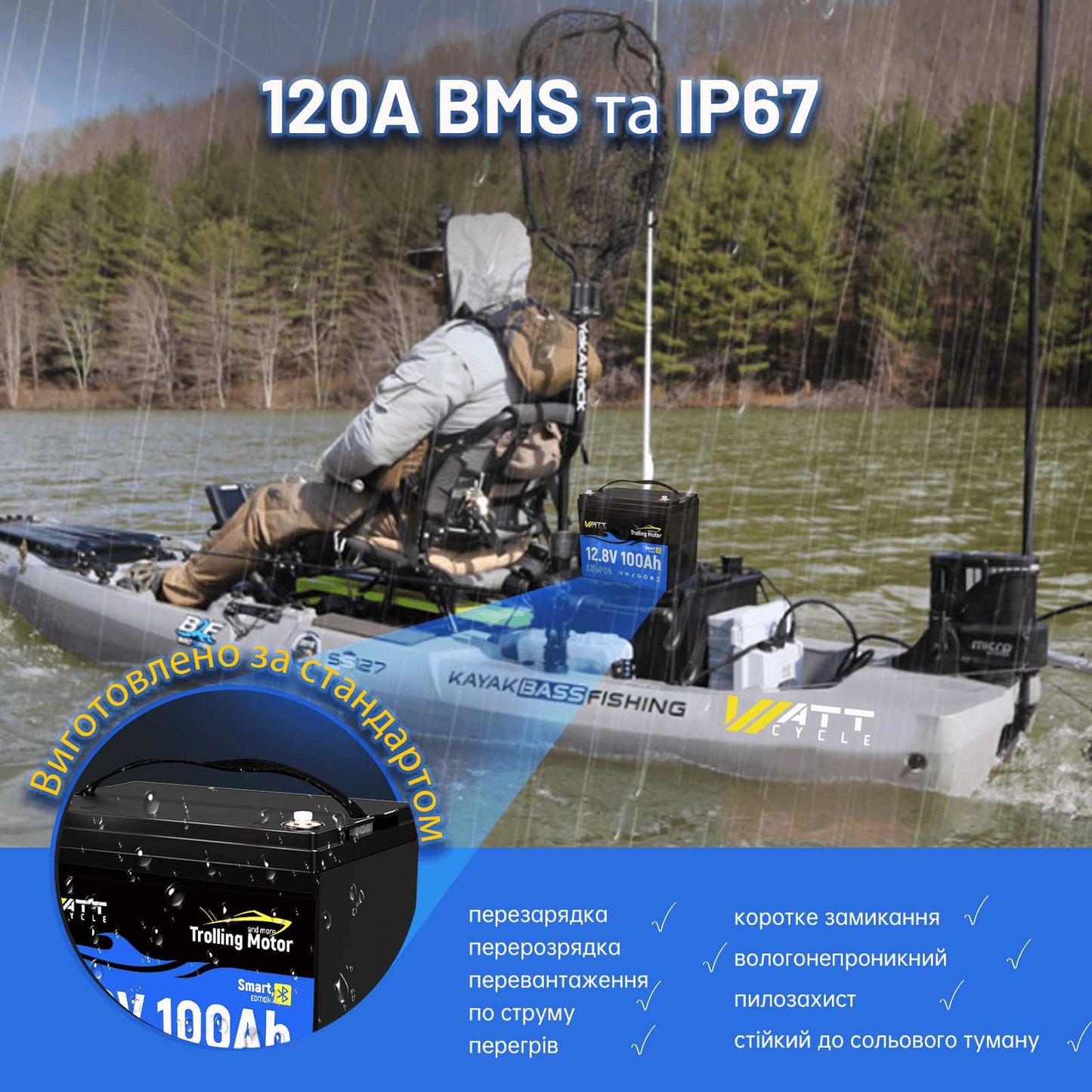 WattCycle 12V 100Ah Bluetooth LiFePO4 акумулятор з системою управління будинком 120A та захистом IP67