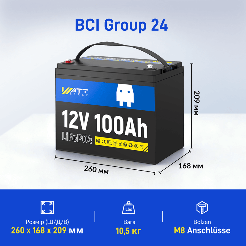 WattCycle 12V 100Ah LiFePO4 акумулятор групи 24