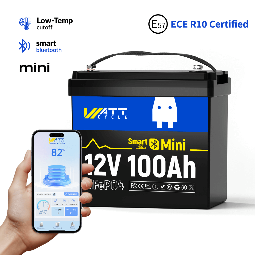 WattCycle 12V 100Ah Mini Bluetooth LiFePO4 акумулятор, Літієвий акумулятор з розумним Bluetooth-моніторингом