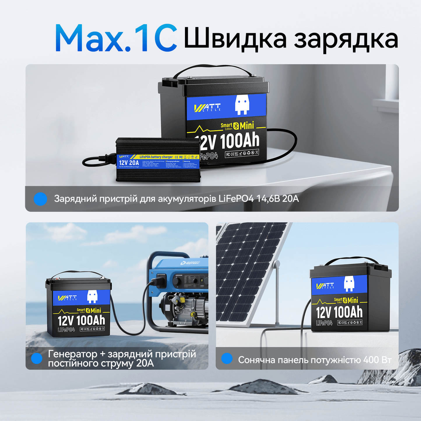 Способи заряджання WattCycle 12V 100Ah Mini Bluetooth LiFePO4 акумулятор
