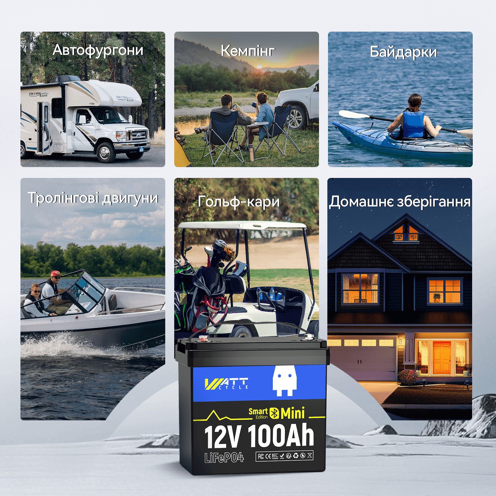 WattCycle 12V 100Ah Mini Bluetooth LiFePO4 акумулятор для різних застосувань