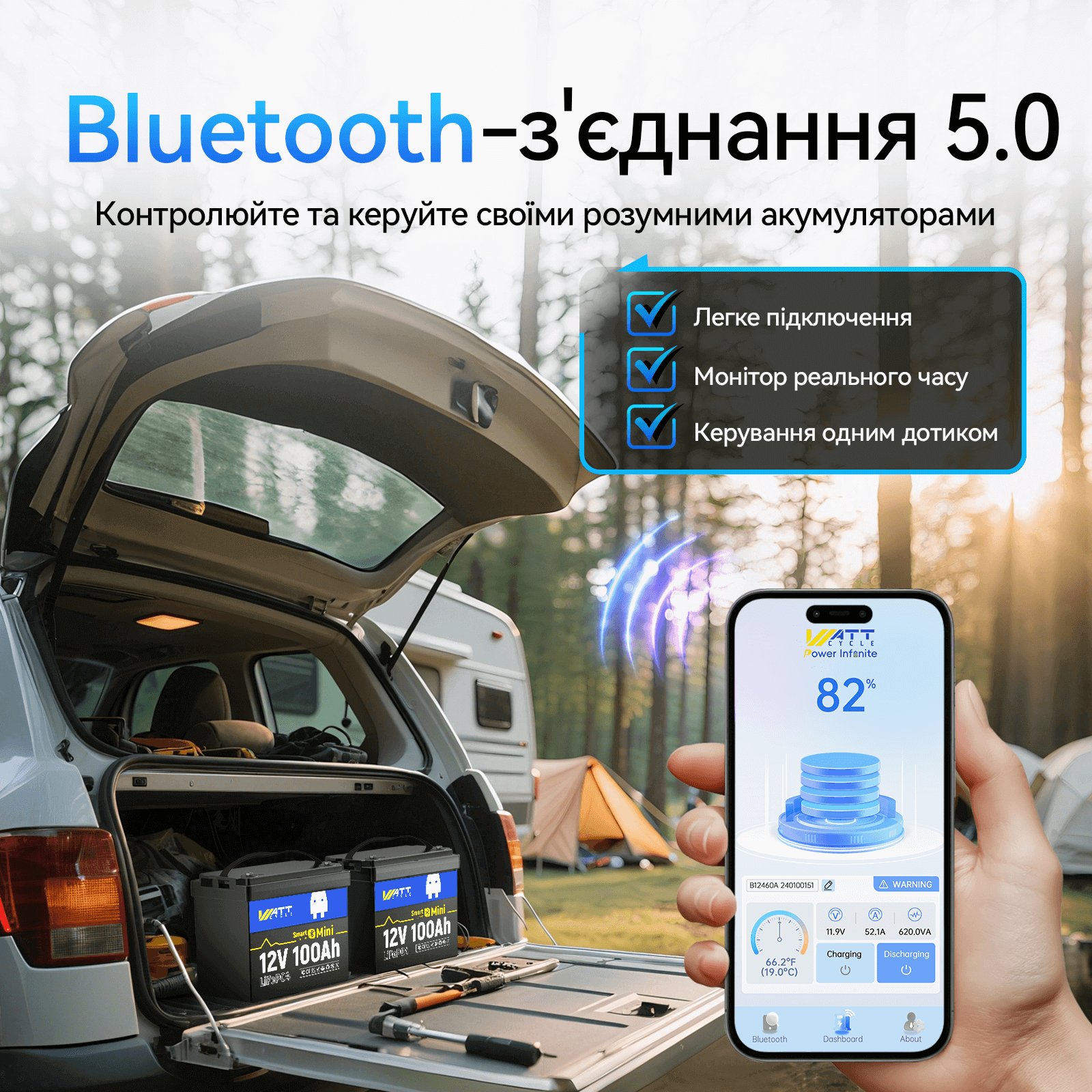WattCycle 12V 100Ah Mini Bluetooth LiFePO4 акумулятор з моніторингом Bluetooth 5.0
