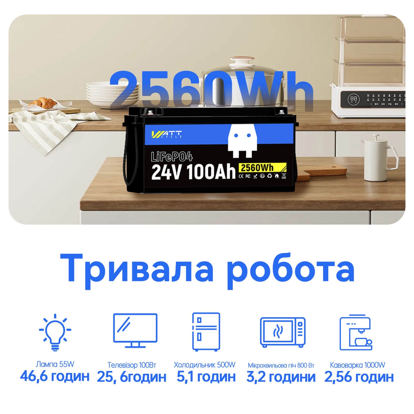 WattCycle 24V 100Ah з потужністю 2560W та енергією 2560Wh