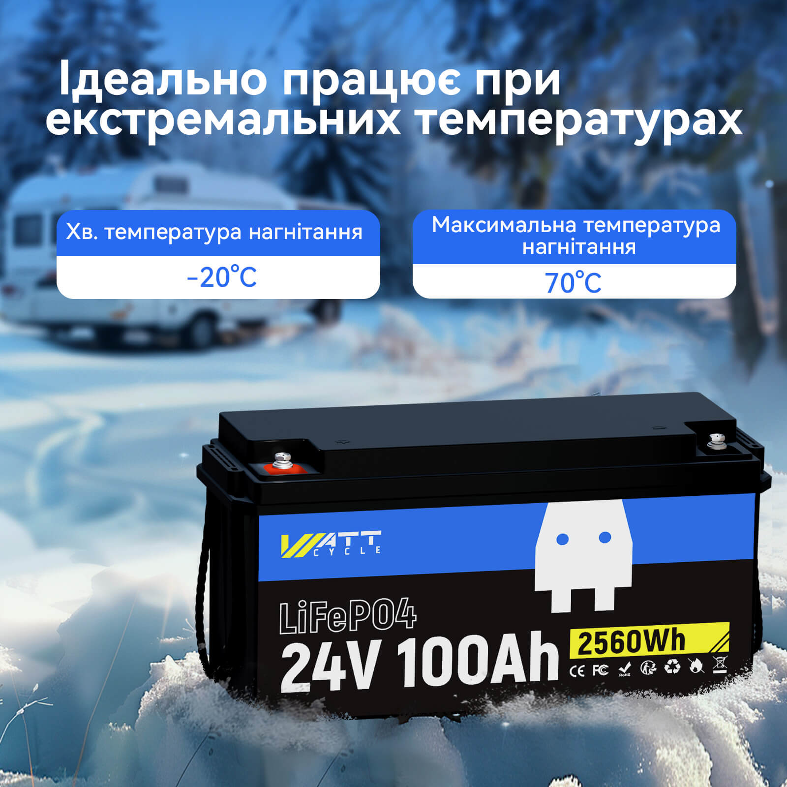 Захист від низькотемпературного відключення батареї WattCycle 24V 100Ah глибокого циклу LiFePO4