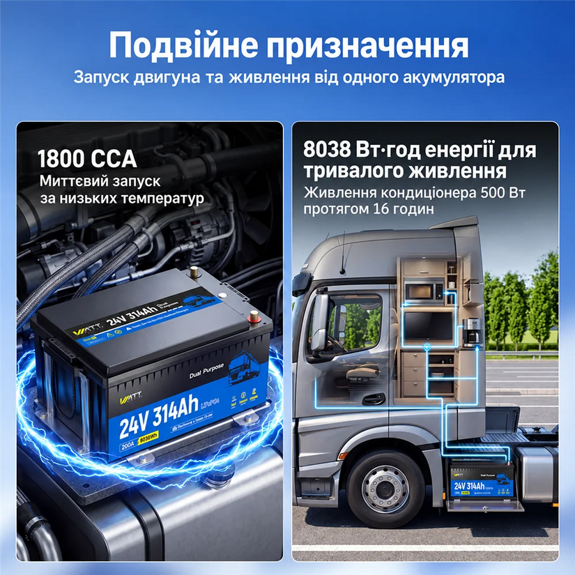 WattCycle 24V 314Ah Акумулятор для Вантажівки з Підігрівом і Bluetooth