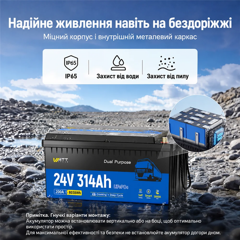 WattCycle 24V 314Ah Акумулятор для Вантажівки з Підігрівом і Bluetooth