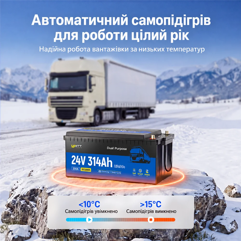WattCycle 24V 314Ah Акумулятор для Вантажівки з Підігрівом і Bluetooth