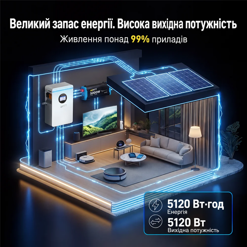 WattCycle 51,2V 100Ah 5kWh LiFePO4 Настінний акумулятор