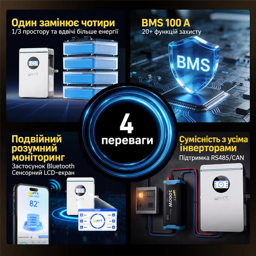 WattCycle 51,2V 100Ah 5kWh LiFePO4 Настінний акумулятор